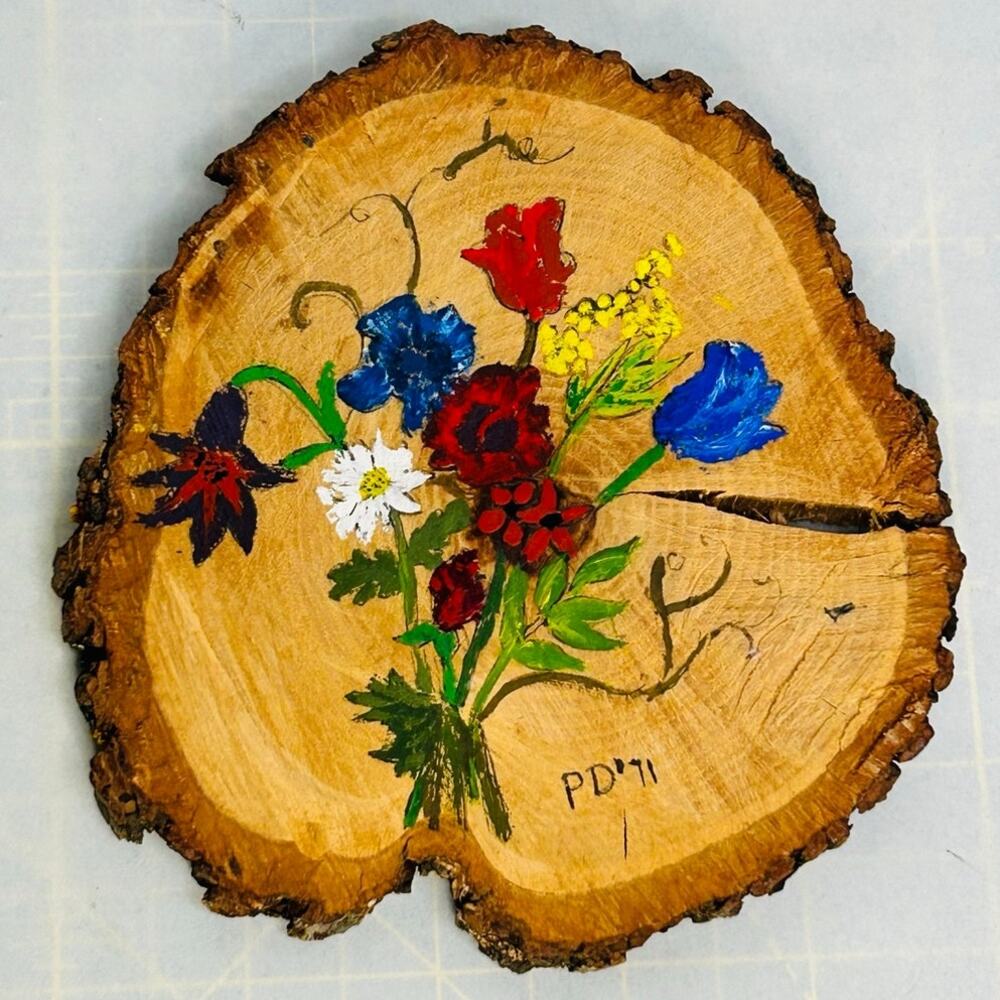 1971 Hand Painted Tree Round Slice Floral Art Signed